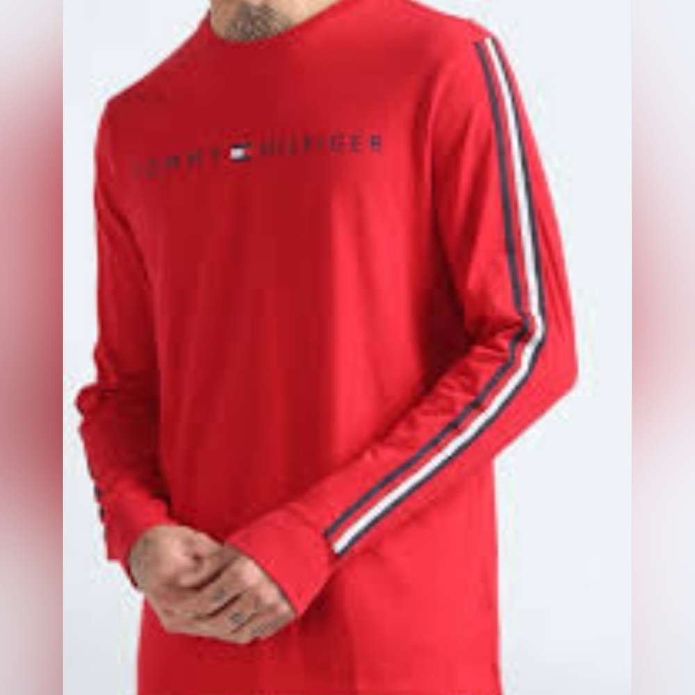 Tommy Hilfiger Red Long-Sleeve Tee with Stripe Sleeve Detail